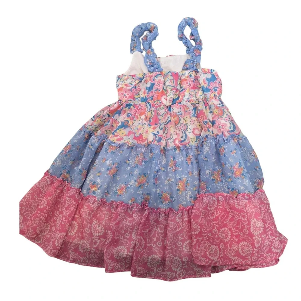 Jona Michelle Girls Tiered Floral Paisley Ruffle Dress Pink‎ Blue Size 7